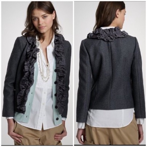 J. Crew Gray Wool Chimera Silk Ruffle Collar Blazer Jacket Charcoal Gray - Picture 4 of 8